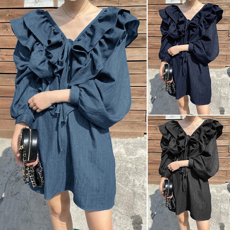 Đầm ZANZEA dài tay cổ chữ V diềm gợn sóng phong cách đơn giản hợp thời trang cho nữ