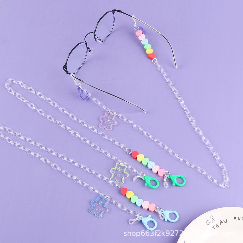 Dây đeo khẩu trang mắt kính bằng Acrylic hình trái tim đính gấu cho bé 62CM HOT TREND KT9