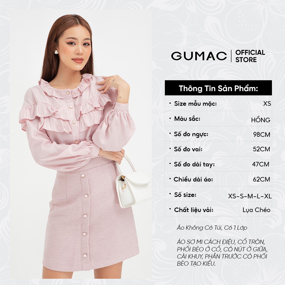[Mã WABRGUM giảm 10% tối đa 30K đơn 99K] Áo sơ mi kiểu nhún bèo ngực GUMAC màu hồng trơn sang trọng AB451