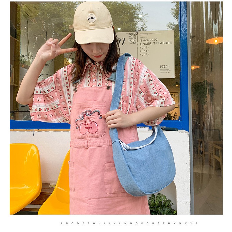 Túi tote đeo chéo nam nữ unisex đi học vải canvas basic màu xanh demin , T017