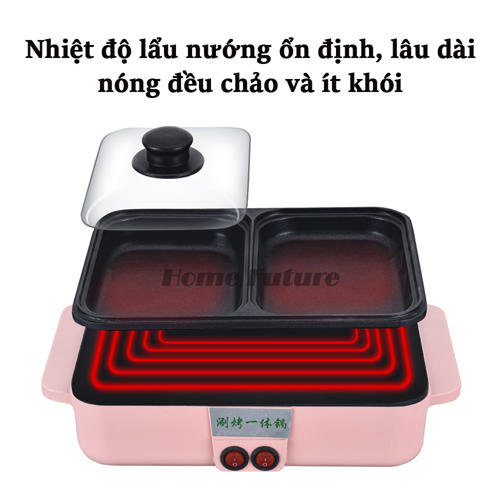 Bếp lẩu nướng điện 2 ngăn mini riêng biệt 2 in 1 đa năng, tiện dụng