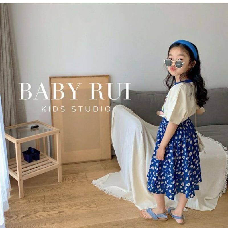 Set áo thun cotton in họa tiết hoạt hình + chân váy hoa lưng thun phong cách Hàn Quốc thời trang mùa hè cho bé