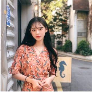 Váy đầm hoa nhí cam thắt eo hàn quốc