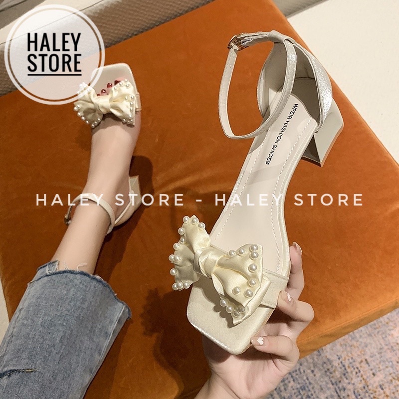 Giày sandal nữ HALEY STORE gót vuông cao 5cm dễ đi da lụa đính nơ ngọc đi chơi đi tiệc đi cưới cô dâu tiểu thư