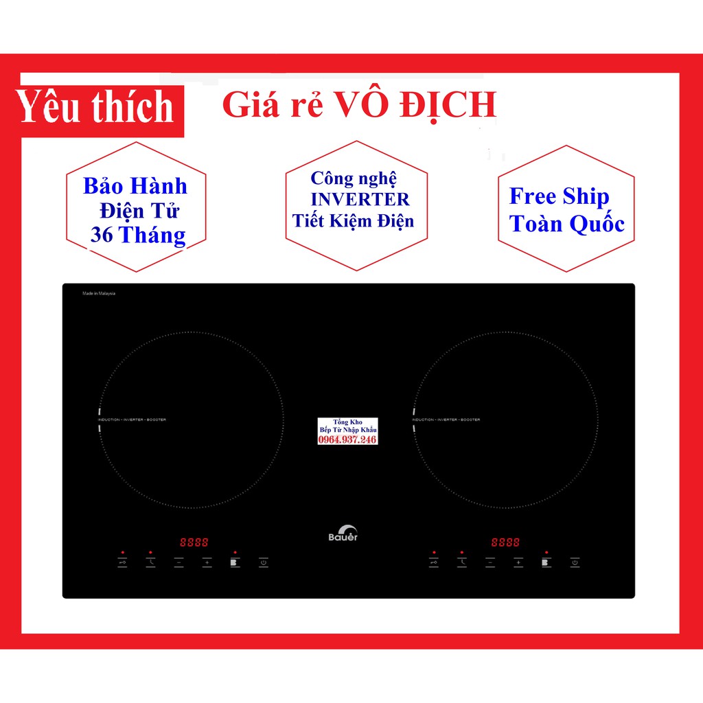 Bếp từ đôi Bauer BE 32SS, ✅Tặng HÚT MÙI KÍNH CONG, BỘ NỒI CHẢO CAO CẤP Chính Hãng, Nhập khẩu Malaysia