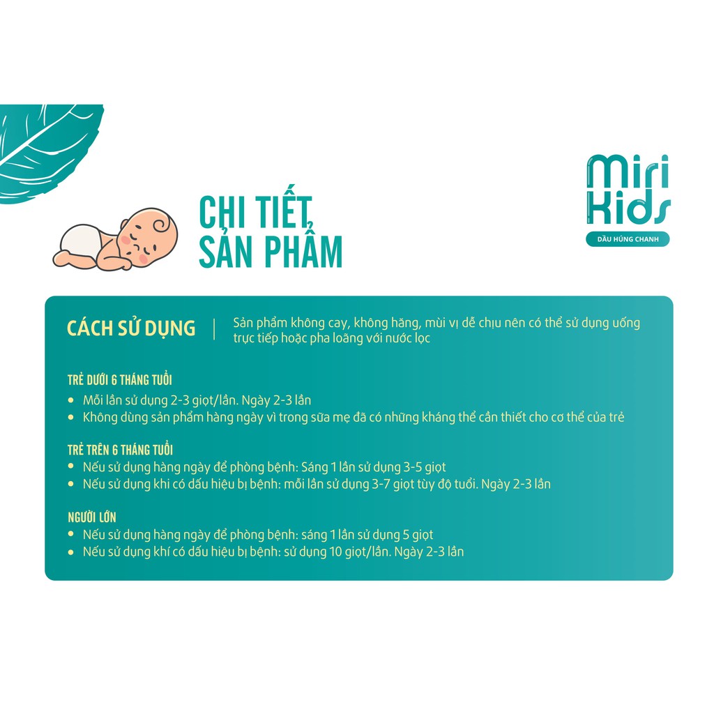 DẦU HÚNG CHANH MIRI KIDS ( hỗ trợ điều trị bệnh cảm cúm, sốt cao, viêm phế quản, ho hen, viêm họng, khản tiếng)