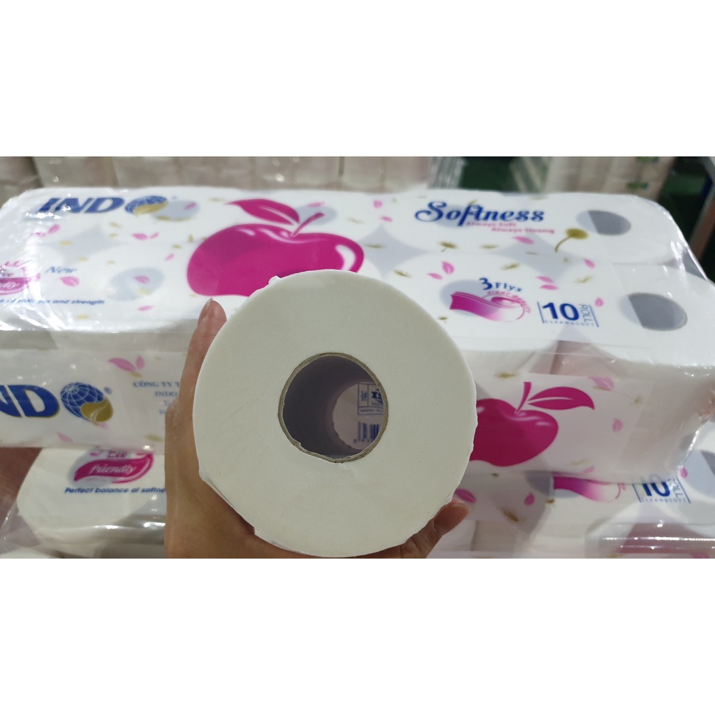 Giấy vệ sinh táo INDO 10 cuộn x 3 lớp - Giấy cuộn nhỏ có lõi và không lõi cao cấp mịn dai chính hãng - GV005