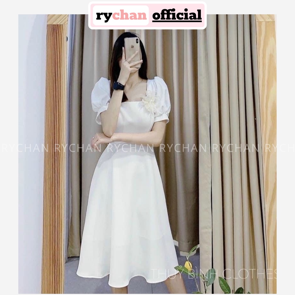 Đầm Xòe Midi Cổ Vuông Tay Phồng Đính Hoa Ngực [Ảnh Thật Cuối] - DX9968
