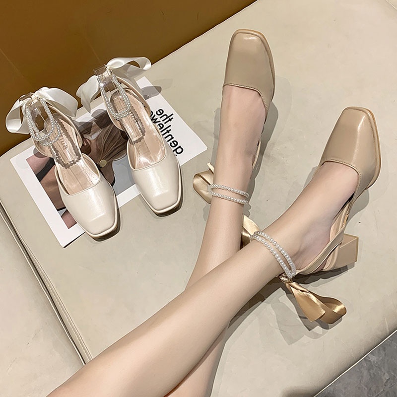 Giày sandal cao gót đính nơ và ngọc trai phong cách Hàn Quốc thời trang mùa hè 2021 dành cho nữ