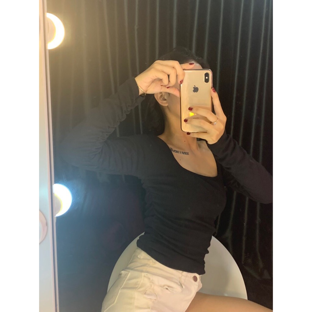 Áo kiểu croptop nhúm tay cổ vuông chất thun thái đẹp mẫu hot