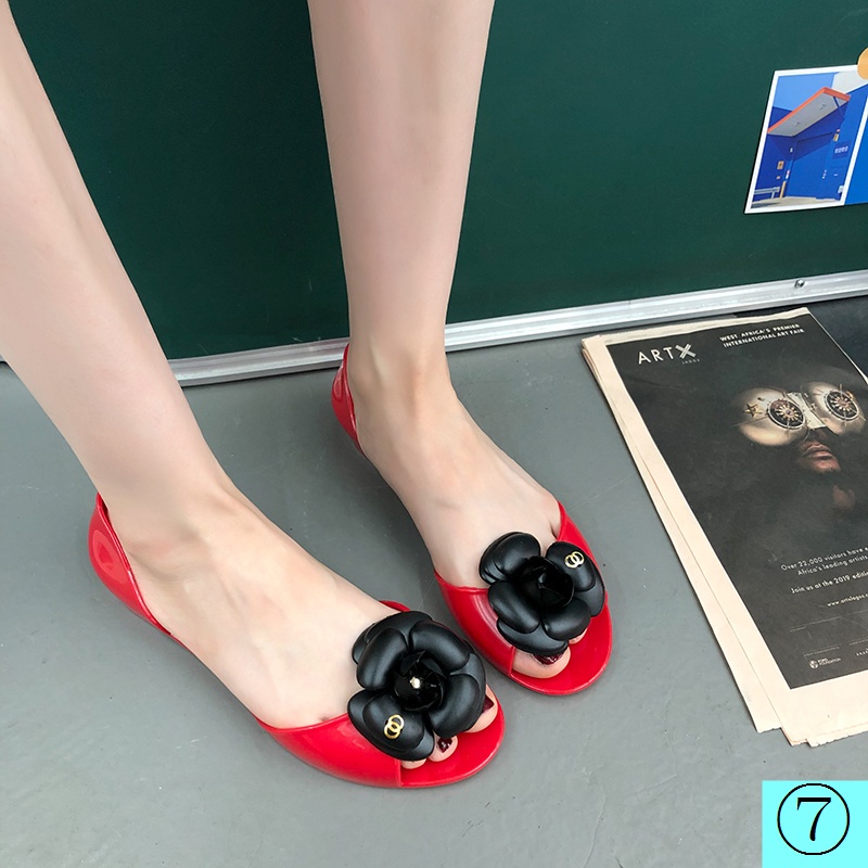 Giày Sandal Nhựa Đế Bằng Chống Trượt Hình Hoa Trà Thời Trang Mùa Hè Phong Cách Mới Cho Nữ