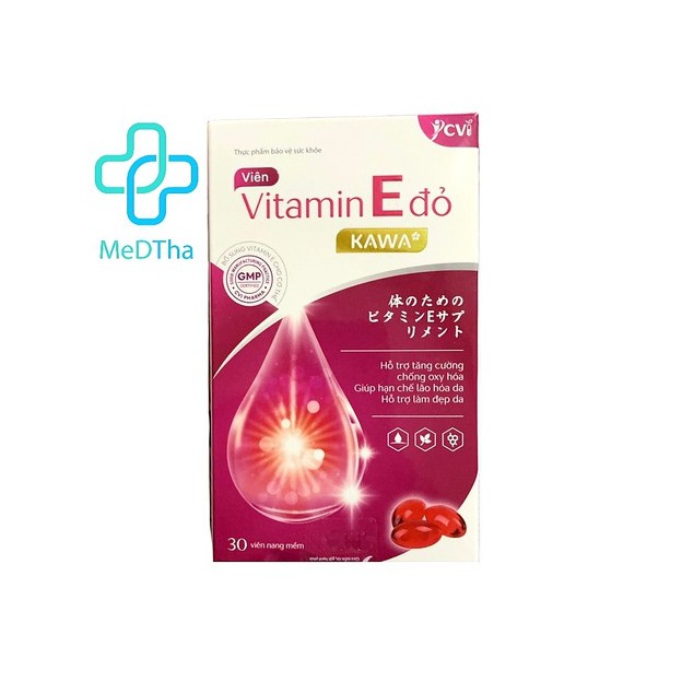 Vitamin E đỏ KAWA* - Giúp làm đẹp da, sáng da, chống lão hóa, sạm da (Hộp 30 viên) [Chính hãng]