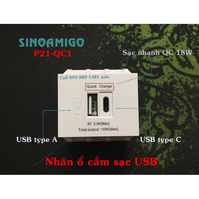 Ổ cắm sạc USB-C âm tường Sinoamigo P21-QC1 Sinoamigo cao cấp, công nghệ QC sạc siêu nhanh