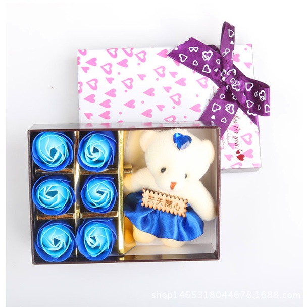 Hộp Quà Gấu Kèm 6 Hoa Hồng Sáp Các Màu, Thiệp - Quà Tặng Người Yêu, Người Thân,  Valentine, Mùng 8/3, Dịp Đặc Biệt