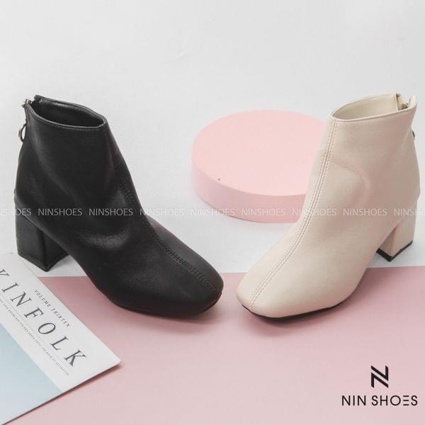 Giày boot da mịn gót vuông kéo khóa 5 phân dáng basic Ninshoes | BigBuy360 - bigbuy360.vn