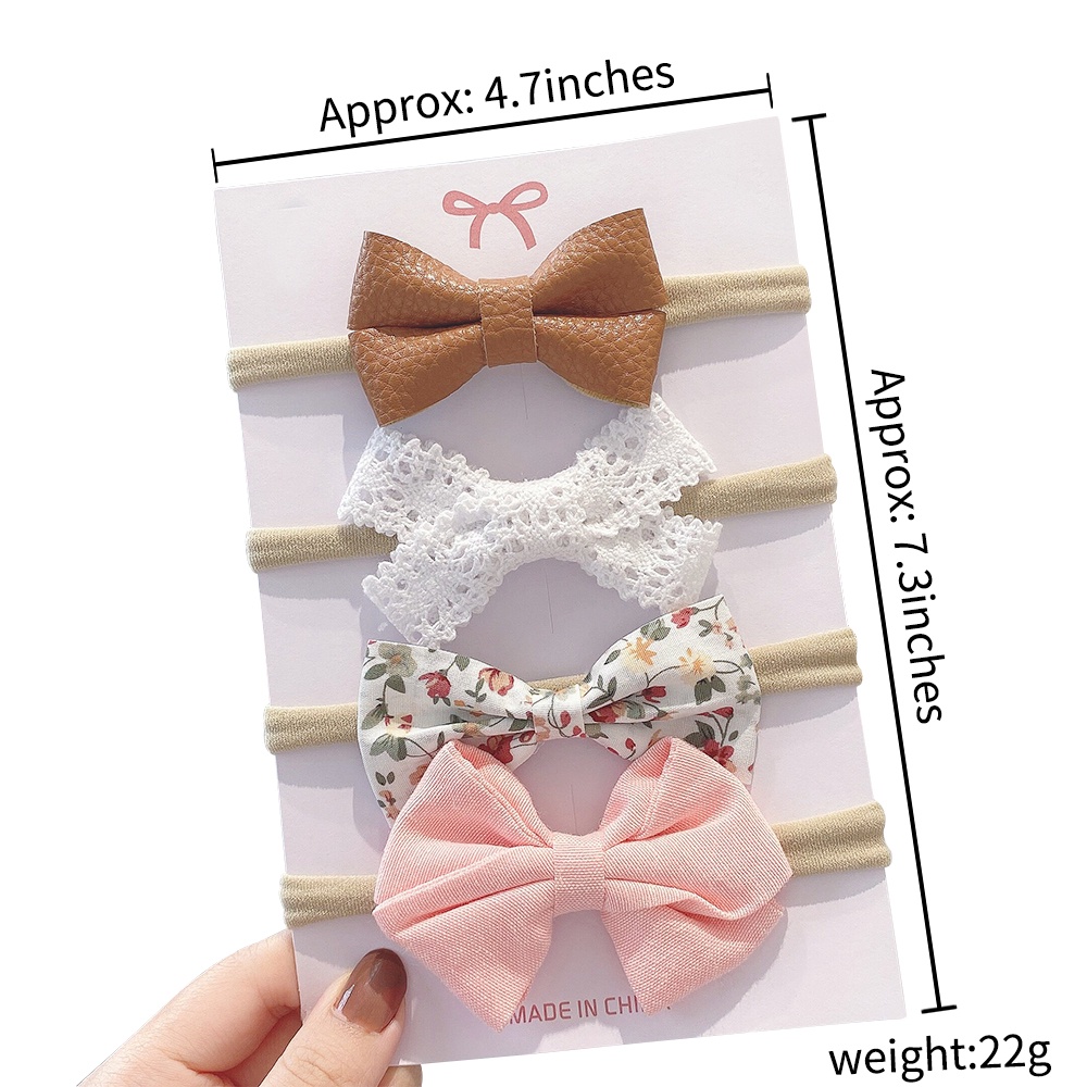 KIDSBOWS Set 4 băng đô thun bé gái đính nơ ren vải nhiều màu sắc phong cách mới