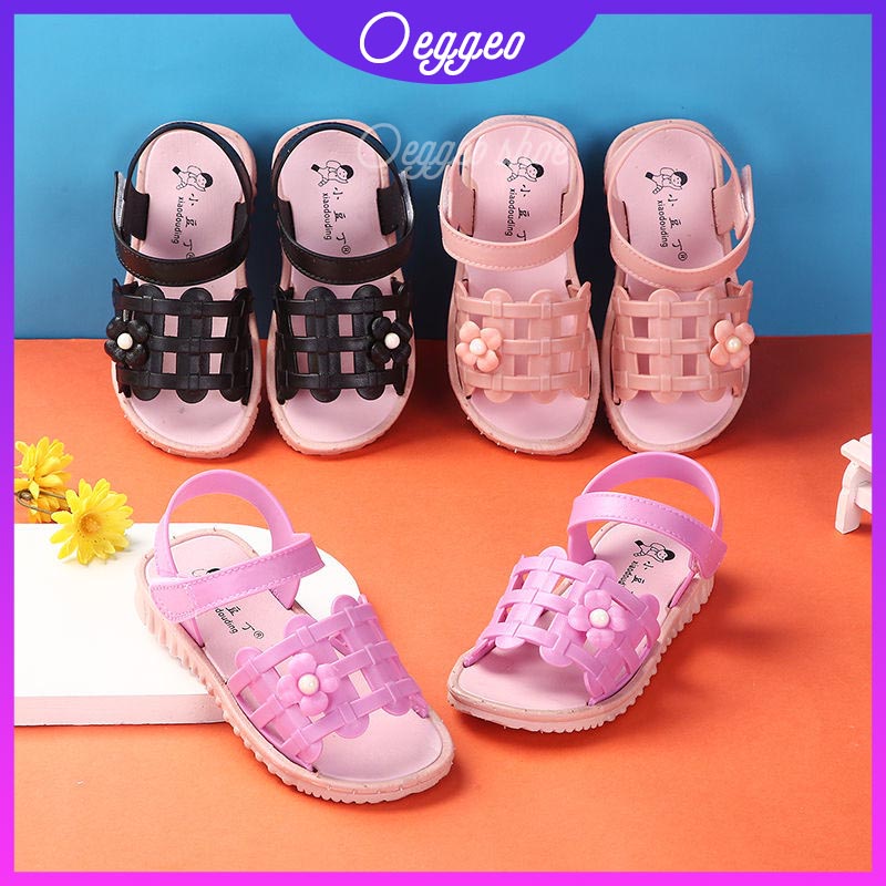 Oeggeo shop Xăng đan Đế Bằng Khóa Dán Họa Tiết Hoa Cho Bé