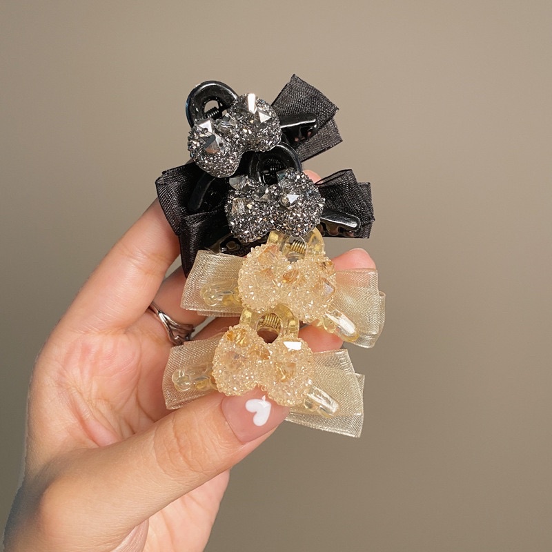 Set 2 chiếc kẹp tóc mái nơ lưới đính đá và hình nơ kẹp tóc mái xinh xắn dễ thương phong cách Hàn Quốc
