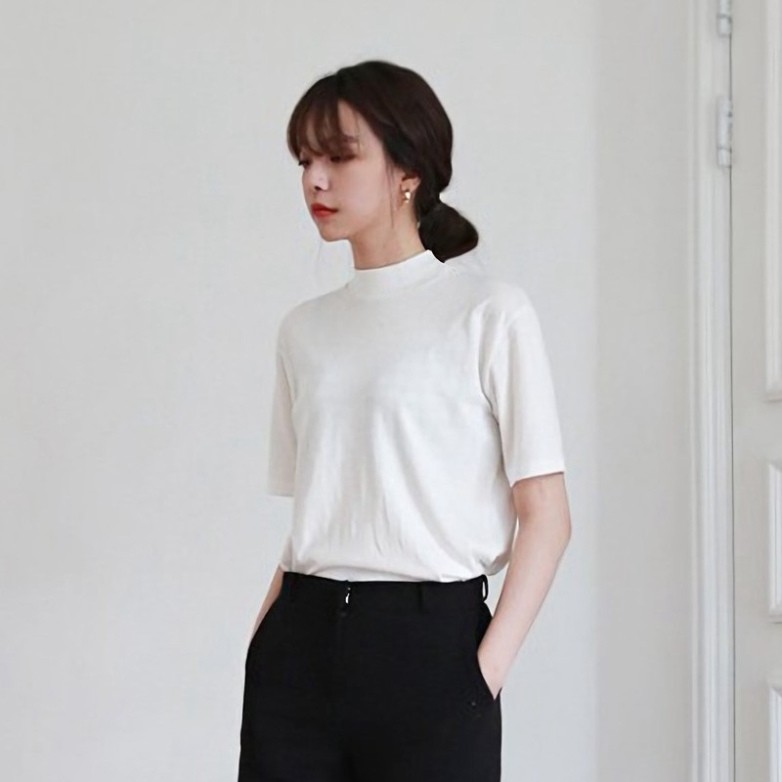 Áo thun nữ thanh lịch phong cách Hàn Quốc tay lở phom ôm cổ cao màu trơn / BS22