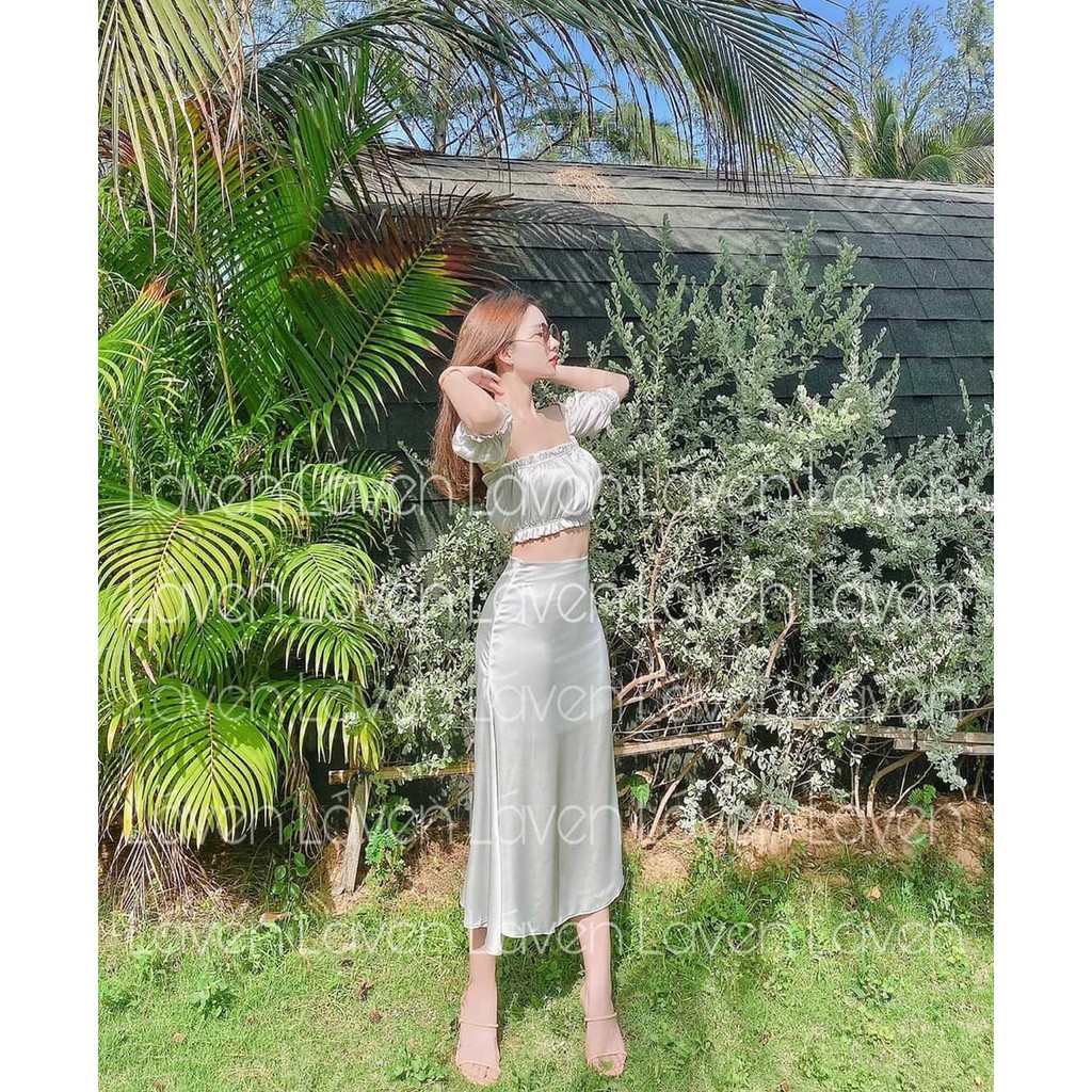 Sét áo và chân váy nữ dự tiệc dễ thương, áo croptop kiểu bo thun phối chân váy chất lụa bóng cao cấp thiết kế trẻ trung | BigBuy360 - bigbuy360.vn