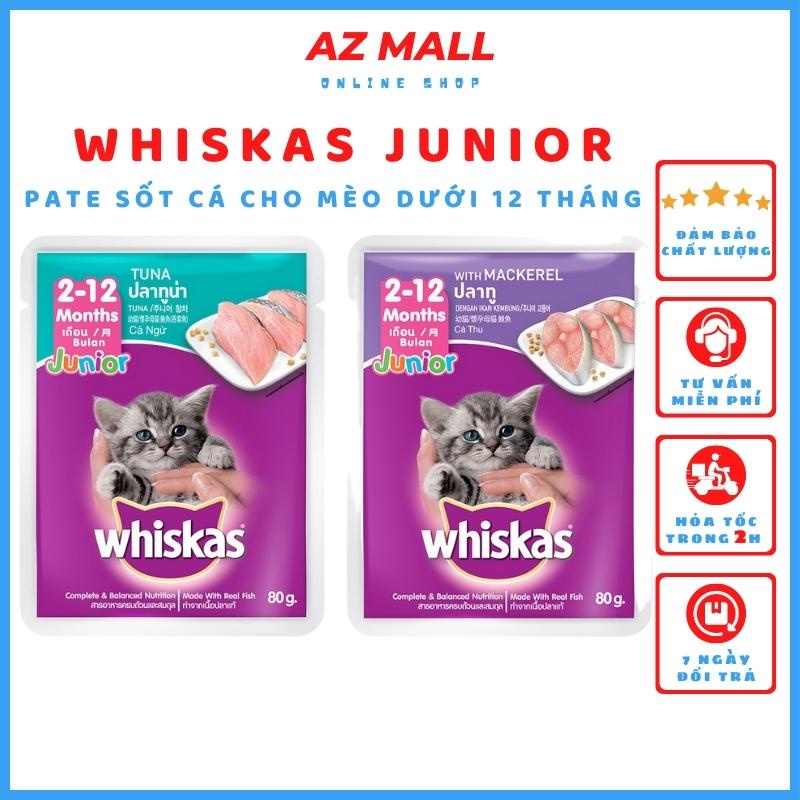 Pate WHISKAS JUNIOR dạng sốt cá dành cho mèo dưới 12 tháng tuổi gói 85g