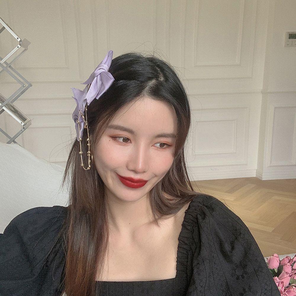 Kẹp Tóc Nơ Phối Dây Xích Đôi Cỡ Lớn Màu Trơn Dễ Thương Cho Nữ