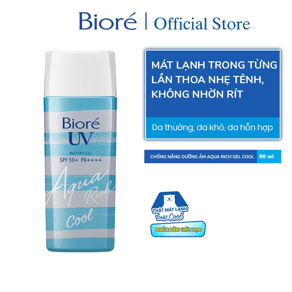 [Mã FMCGMALL -8% đơn 250K] Bioré Gel Chống Nắng Màng Nước Dưỡng Ẩm Mát Lạnh UV Aqua Rich Watery Cool SPF50+/PA++++ 90ml