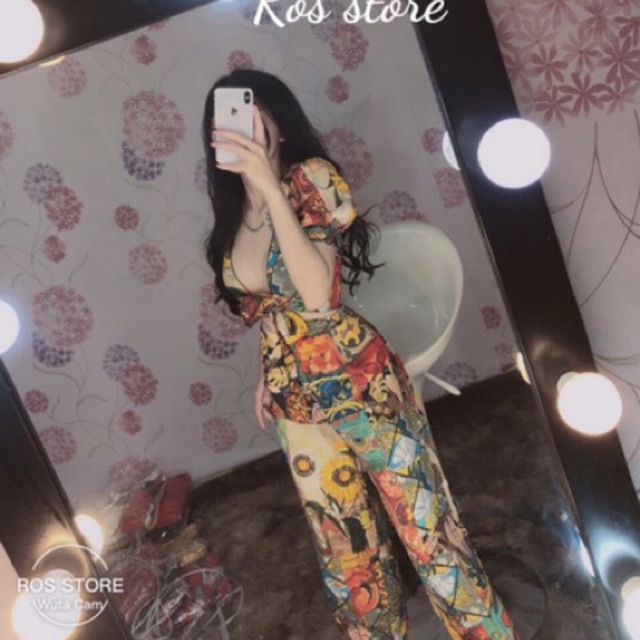 Set Thổ Cẩm Áo Croptop Xoắn Eo & Quần Suông Culottes