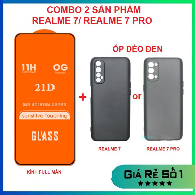 Combo Realme 7/ Realme 7 Pro kính cường lực full màn hình + ốp silicon dẻo đen có gờ bảo vệ camera