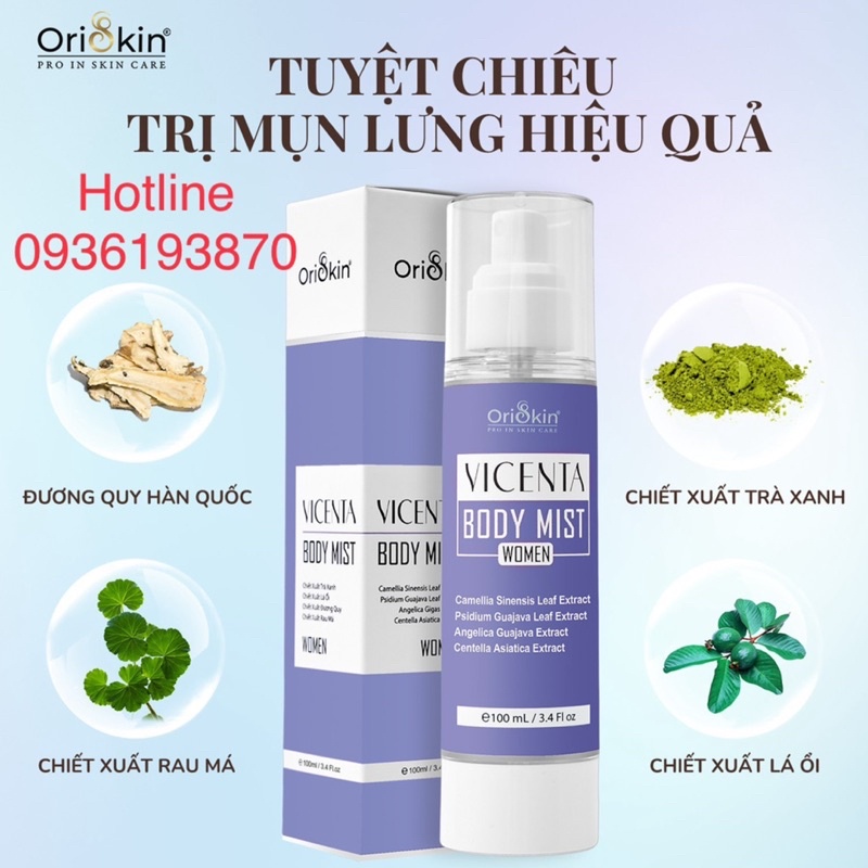 ✅ Combo Xịt Mụn Lưng, Giảm Viêm Nang Lông Dành Cho Nữ Oriskin Vicenta Body Mist  100ml và Sữa Tắm Puri shower Gel 300ml