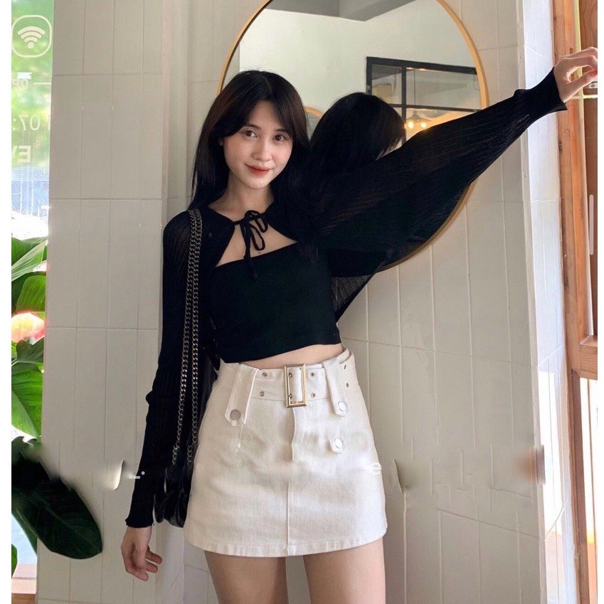 [L2M] Áo khoác len dệt kim Montoghi DÂY NƠ CỔ tay dài dáng lửng hàng Quảng Châu siêu xinh