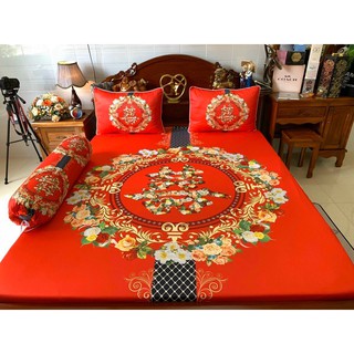 Bộ drap thun lạnh 5D (ko mền). ga thun lạnh 1m6/1m8. cưới - chữ hỷ