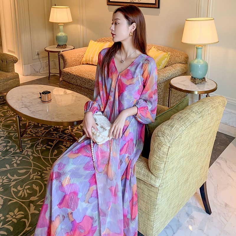 IELGYĐầm Voan Chữ A Tay Dài Nhấn Eo Cổ Chữ V In Họa Tiết Thời Trang Kiểu Pháp Cho Nữ