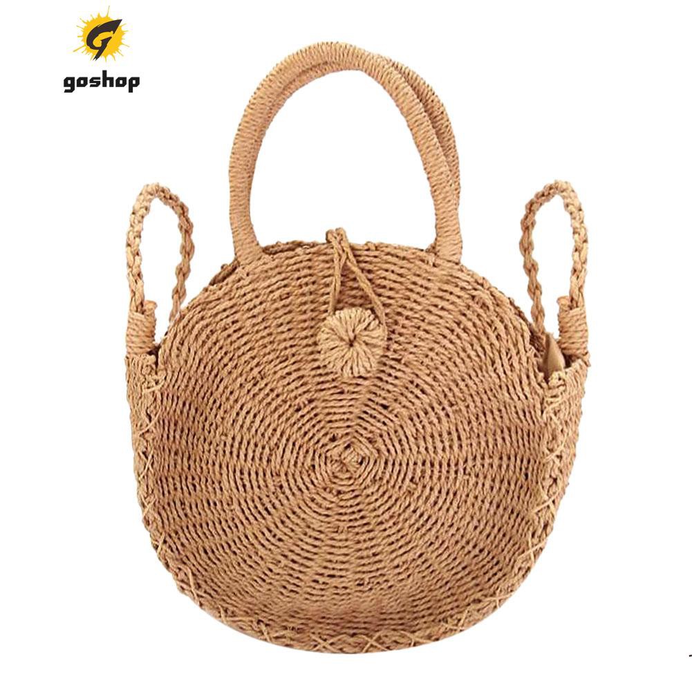 (GO ) Rattan Woven Round Messenger Handbag Women Summer Beach Retro Shoulder Tote-210215