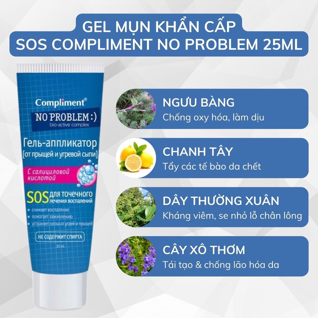Gel bôi giảm mụn cấp tốc SOS Compliment No Problem giảm đỏ, gom khô cồi mụn 25ml
