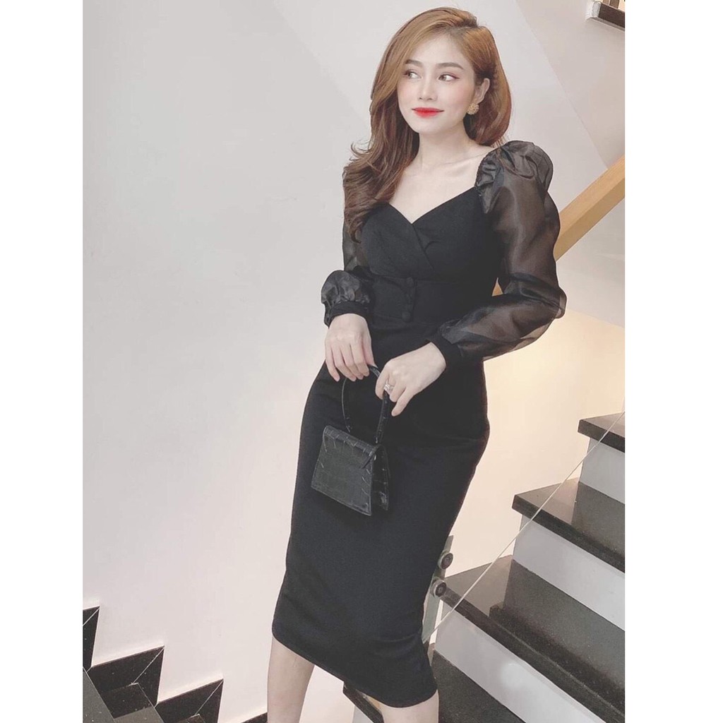 ĐẦM NỮ ÔM BODY CỔ TRÁI TIM TAY PHỐI VOAN VẢI UMI CO GIÃN V316