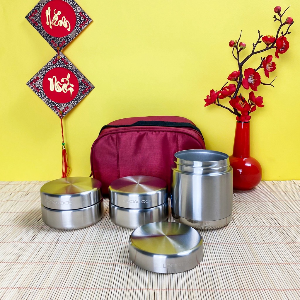 Bộ hộp cơm giữ nhiệt lock&amp;lock LHC8015 inox 304, gồm 3 hộp bằng inox kèm đũa và túi giữ nhiệt