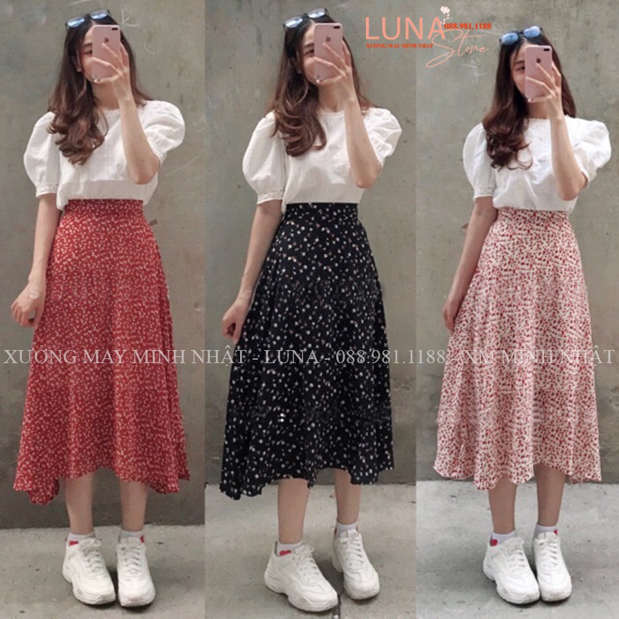 Chân váy hoa nhí vintage dáng dài qua gối ulzzang cạp chun bigsize xếp ly - Vải Voan mềm mát mặc đi biển công sở học đẹp