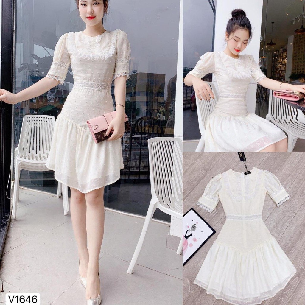 Đầm voan cao cấp thiết kế dáng xòe tay và eo phối họa tiết thủ công duyên dáng V1646 - Váy Đầm Dạ Hội DVC