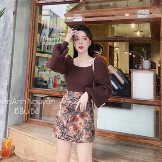 SET Áo len nâu tay bồng kèm Chân váy hoa⚡️Ảnh thật