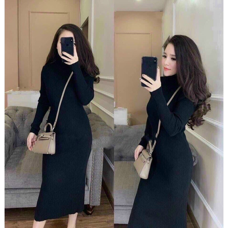 [RẺ Vô Địch] Váy body cổ lọ bẻ xẻ lệch gấu về hàng Chất len gân 4c bao đẹp Hàng may kỹ Form