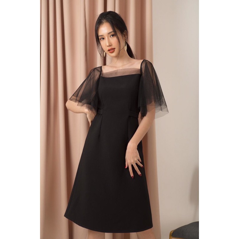 Đàm dáng xoè tay phối lưới cổ vuông bigsize baxu