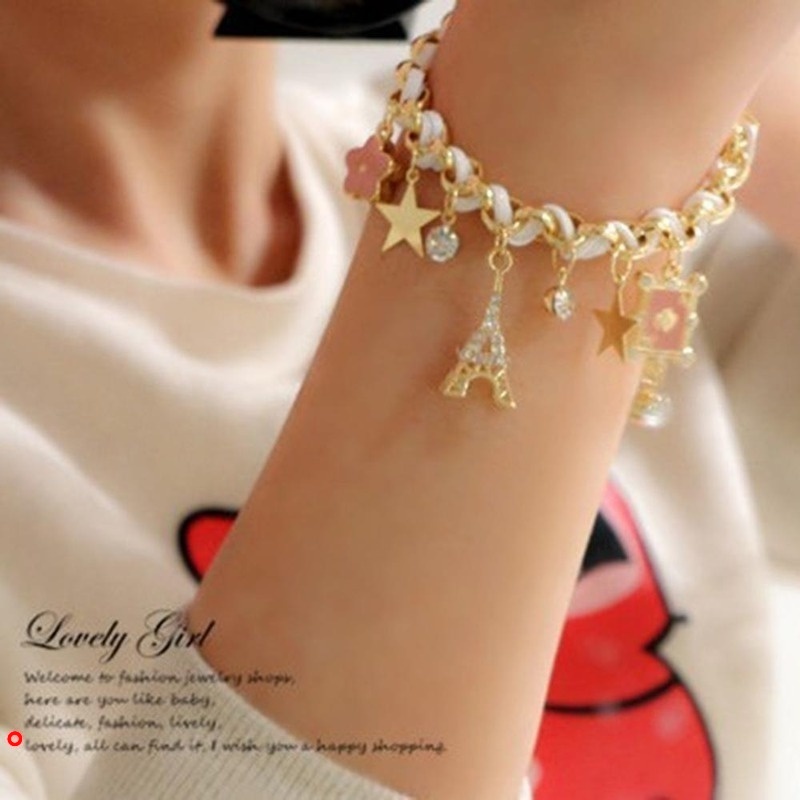 Vòng tay dây da nhiều lớp mặt hình ngôi sao/ trái tim/ vương miện/ tháp Eiffel thời trang cho nữ