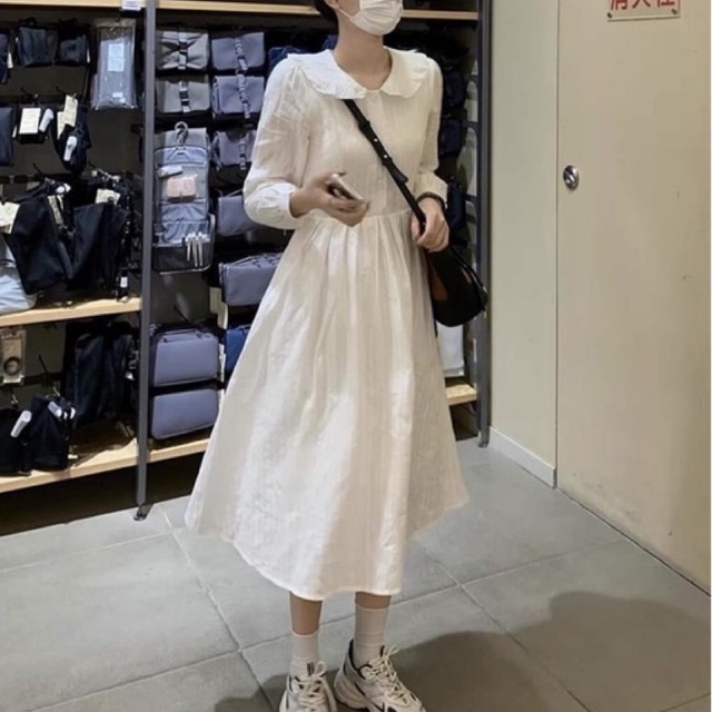 Váy Tiểu Thư Cổ Bèo Dáng Dài Babydoll Chất Đũi Màu Trắng