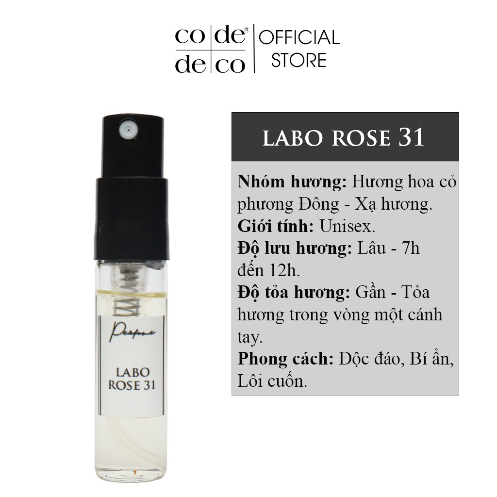 Tinh Dầu Nước Hoa Code Deco Labo Rose 31 Thanh Lịch, Bí Ẩn, Thu Hút 2ml - Pháp