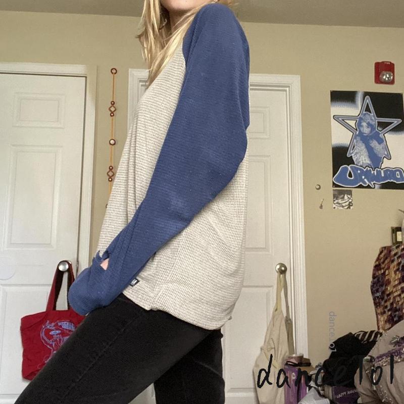 Áo Thun Tay Dài Cổ Tròn Phối Màu Sắc Tương Phản Phong Cách Cổ Điển Cho Nữ dance1o1