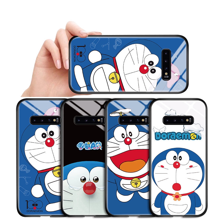 Ốp điện thoại kính cường lực cứng bóng in hình Doraemon cho Samsung Galaxy S7 S7 Edge S8 S9 Plus S10 Plus S10E S10 Lite