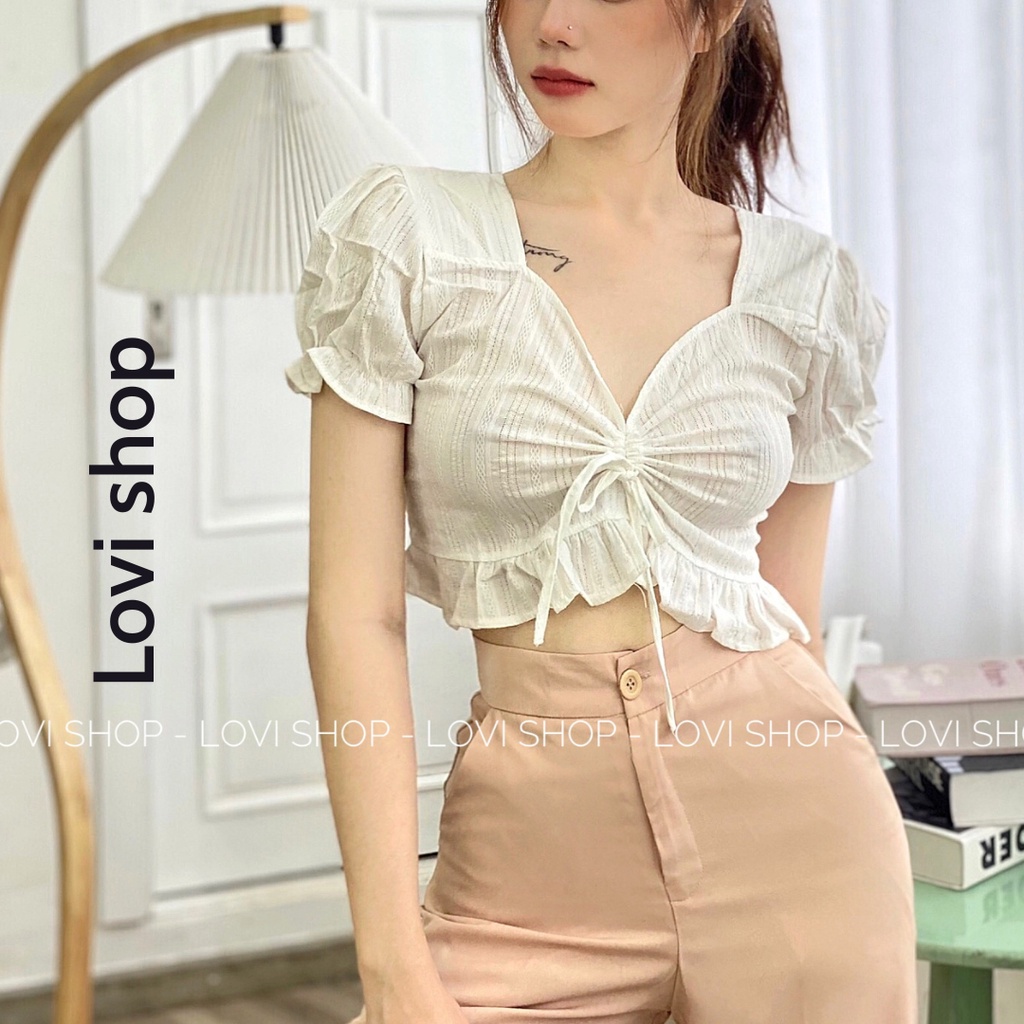 LOVI SHOP - Áo croptop rút dây ngực chất xô ren mềm siêu xinh Lovi