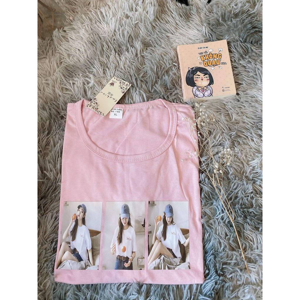 Áo phông nữ cổ tròn hình 3d chất cotton siêu mát màu hồng