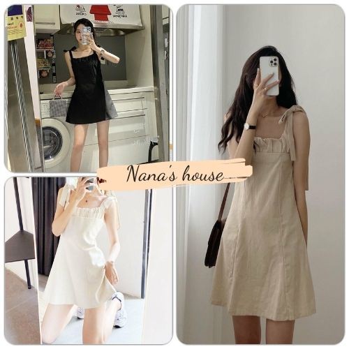 Váy Hai Dây Đũi Thắt Nơ Vai Xếp Li Ngực🎁 Nana's House - FREESHIP 🎁 Váy 2s dáng suông hơi ôm body style bánh bèo tiểu thư